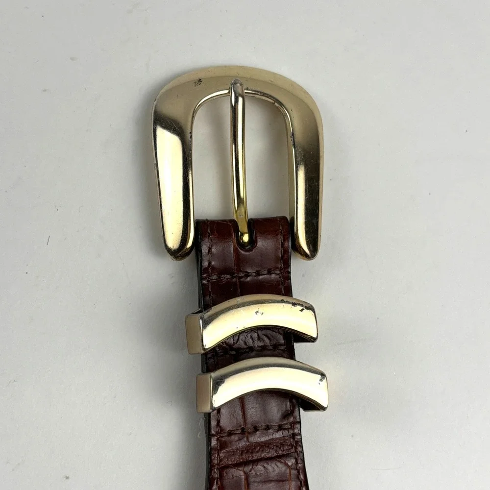 Brighton Onyx Belt Mens 38 Brown Croc Embossed Gold Buckle USA Western Classic
